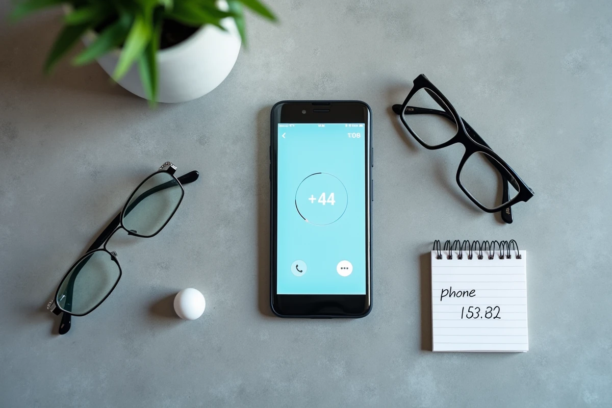Vue de dessus d'un smartphone affichant un numéro avec l'indicatif +44 à côté d'un bloc-notes manuscrit, pour bloquer ou identifier l'appel