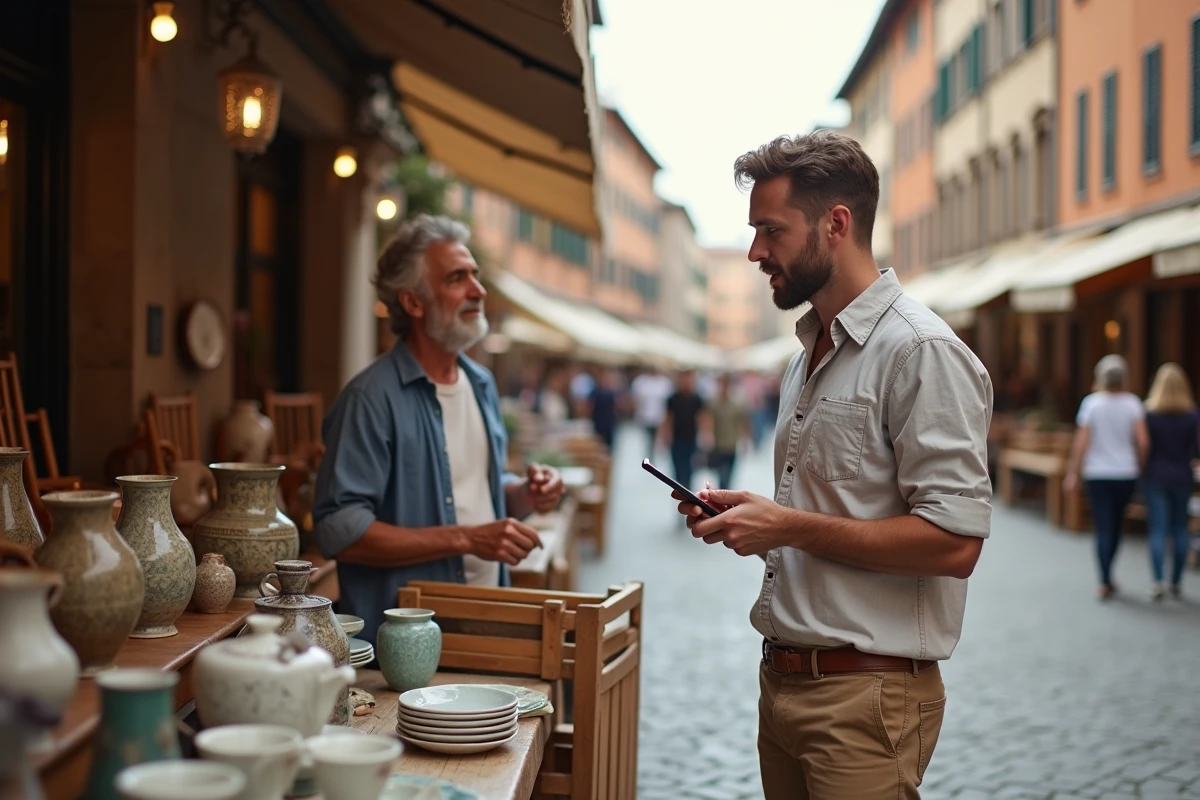 Jeune Français négociant l'achat de mobilier d'occasion sur un marché en plein air à Bologne en Italie