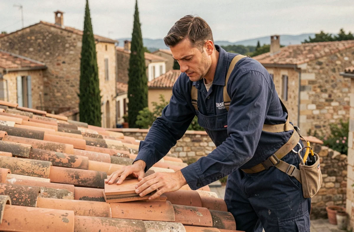 Couvreur de France Toitures Compagnons posant des tuiles traditionnelles sur un toit provençal