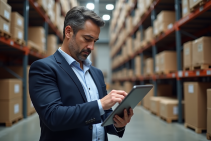 Manager logistique avec tablette blockchain dans un entrepôt