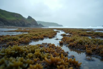 Estran breton à marée basse recouvert de goémon et d'algues brunes sur des rochers granitiques
