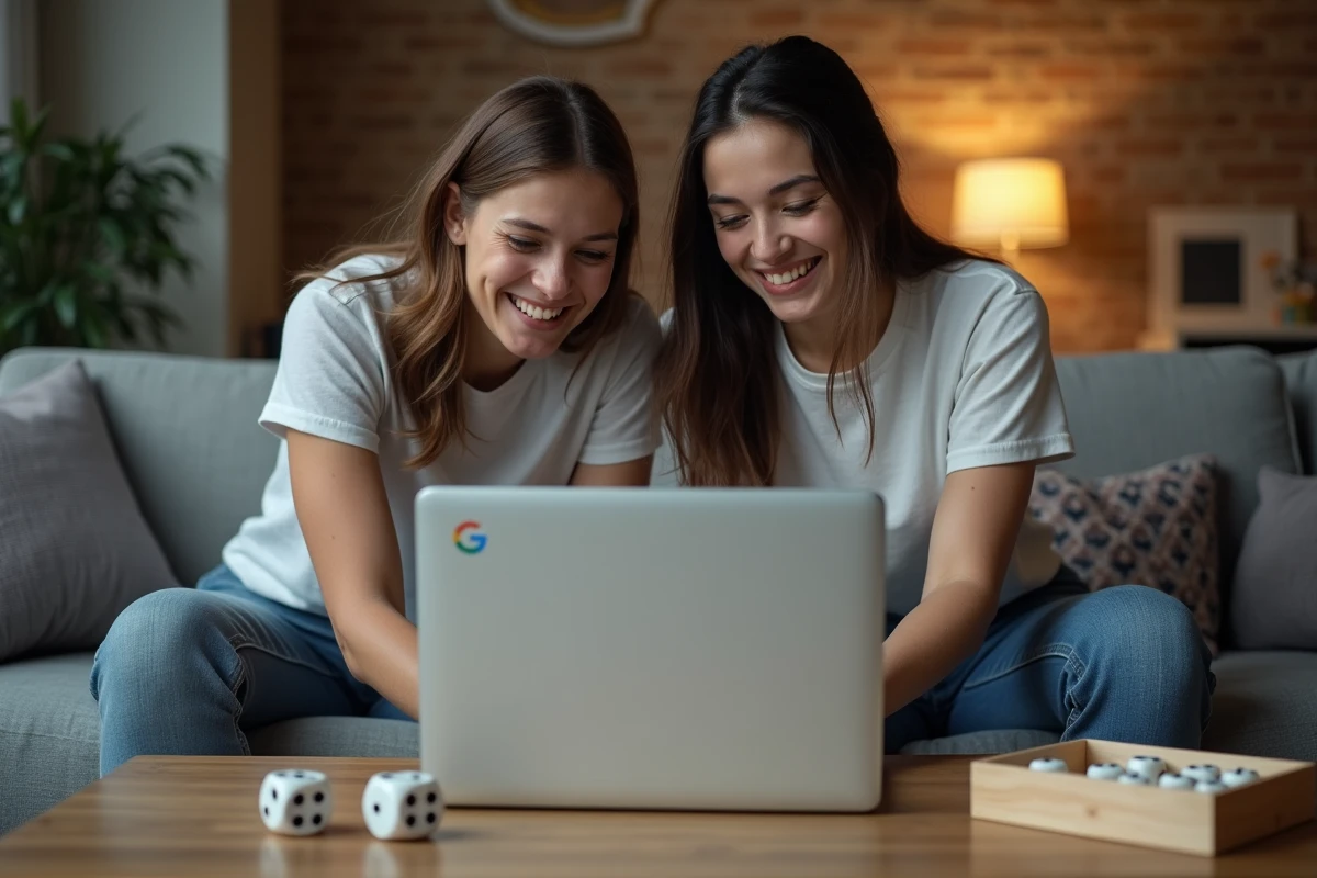 Deux amis utilisant le lanceur de dé Google sur ordinateur portable lors d'une soirée jeux de société