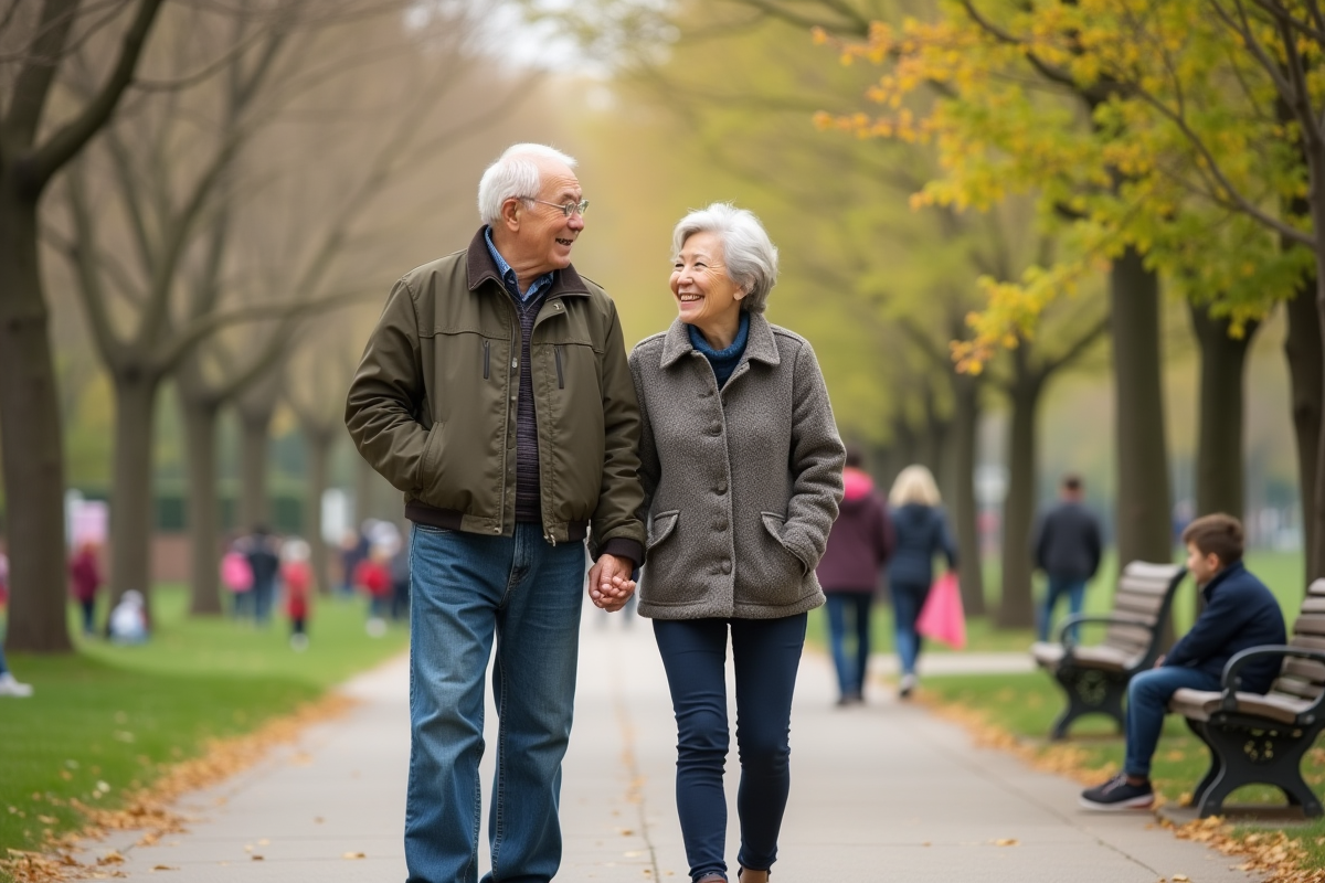 Grand-pere et jeune femme se tenant par la main dans un parc