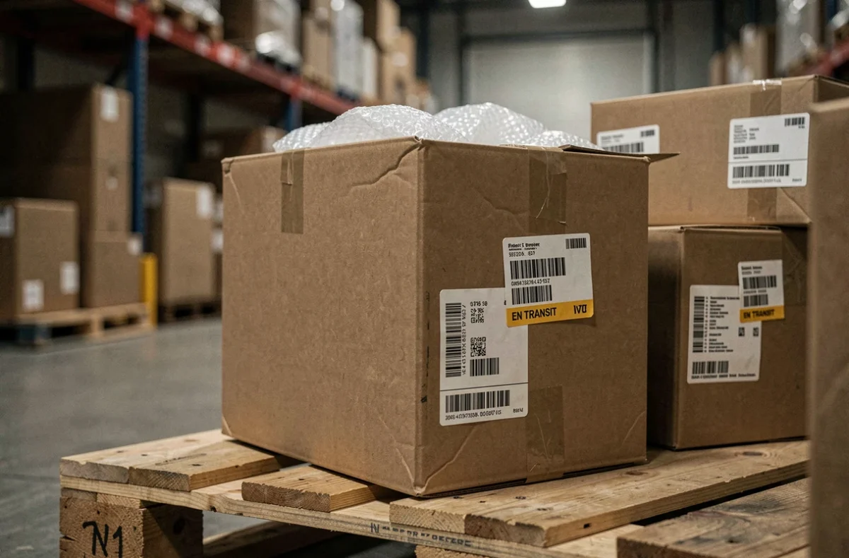 Gros plan sur des colis empilés sur palette avec étiquettes de suivi en transit dans un centre de distribution logistique