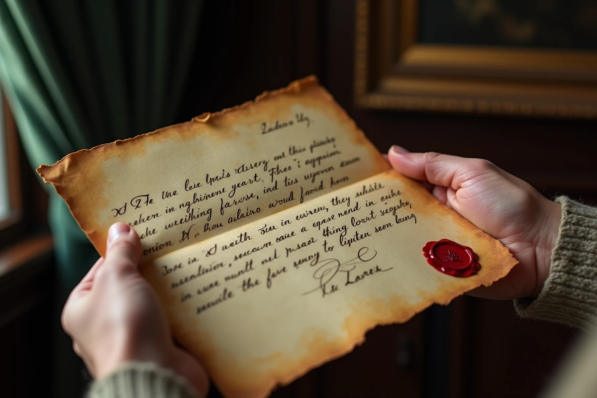 Gros plan sur des mains tenant une lettre manuscrite d'époque napoléonienne avec sceau de cire rouge