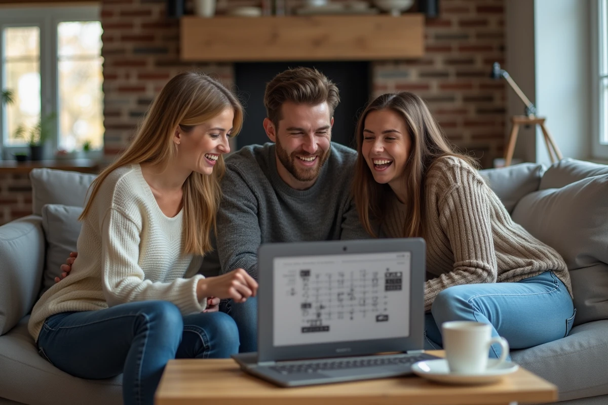 Trois amis réunis autour d'un ordinateur portable dans un salon moderne, collaborant pour trouver la solution du jeu Pedantix