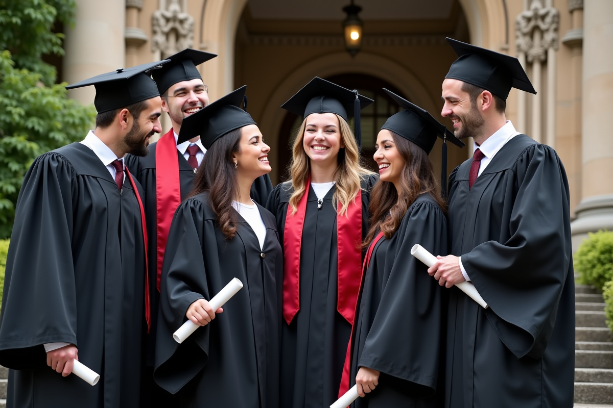 Groupe de diplômés en robe universitaire souriant en extérieur