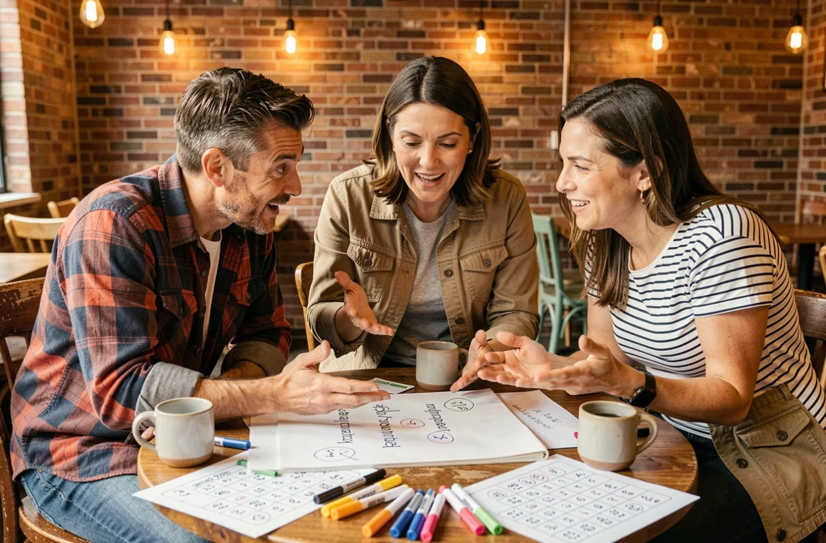 Groupe d'adultes collaborant sur des énigmes de logique difficiles autour d'une table de café avec des feuilles de puzzles