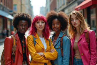 Groupe de personnages pop culture divers en costumes dans un décor urbain dynamique