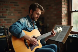 Guitariste adulte en train d'enchaîner un changement d'accord sur une guitare acoustique dans un studio de répétition à domicile