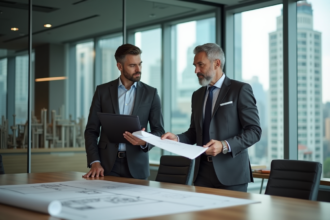 Homme d'affaires en costume examine des plans dans un bureau moderne