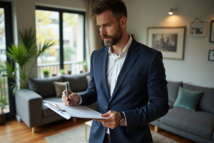 Homme d'affaires confiant en costume dans un intérieur moderne