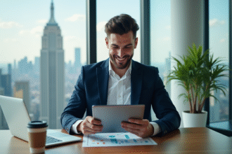 Jeune homme d'affaires souriant avec tablette et ville moderne
