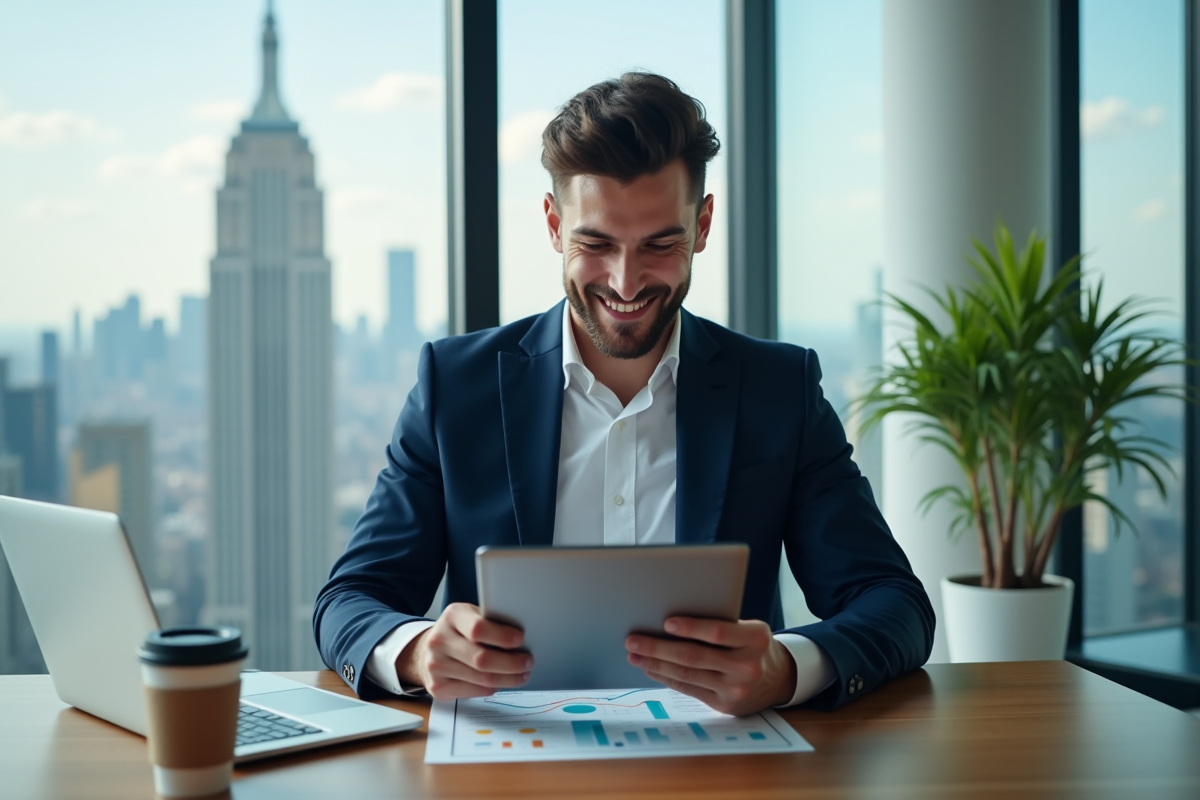 Jeune homme d'affaires souriant avec tablette et ville moderne