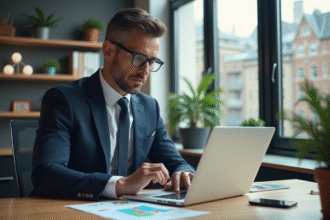 Homme d'affaires en costume bleu analysant des graphiques de prêt immobilier