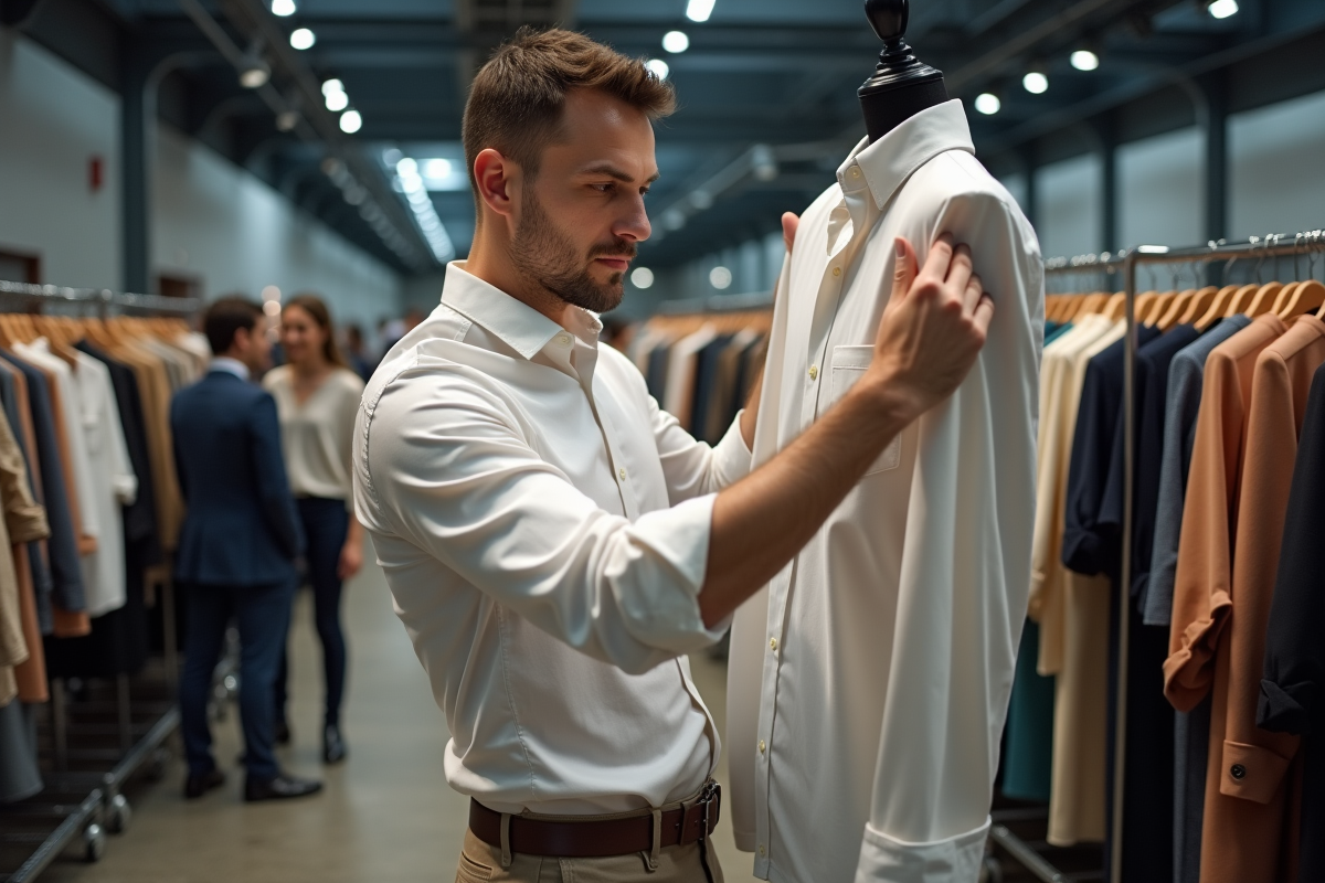 Jeune homme vérifie les détails de couture en backstage