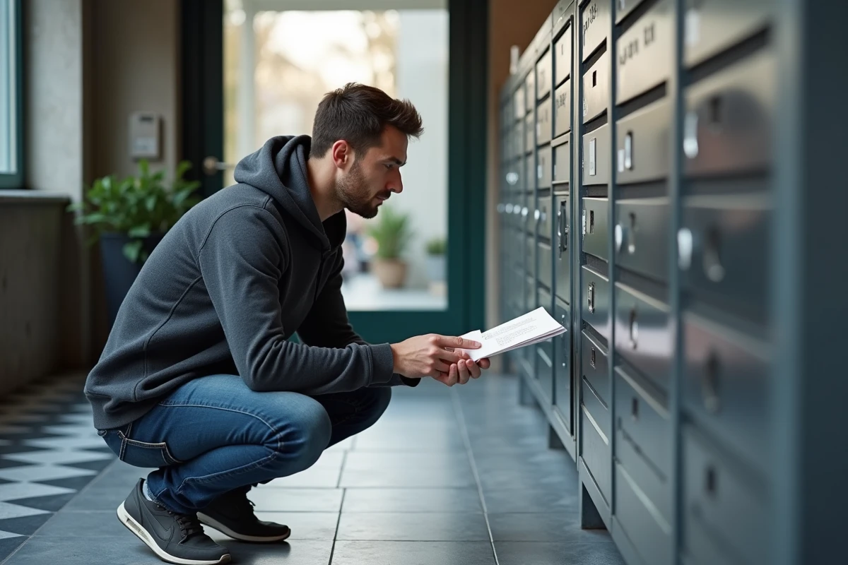 Homme examinant un avis de passage recommandé dans une boîte aux lettres d'immeuble résidentiel