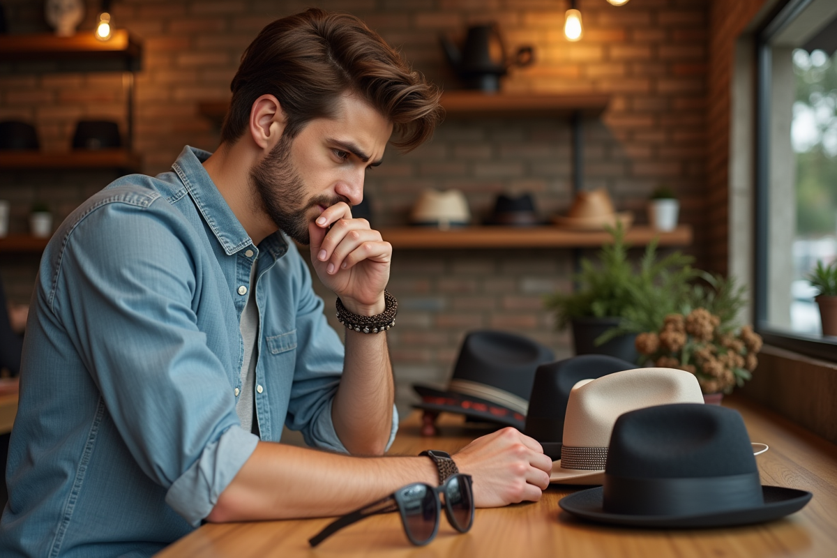 Jeune homme choisissant chapeaux et lunettes dans une boutique