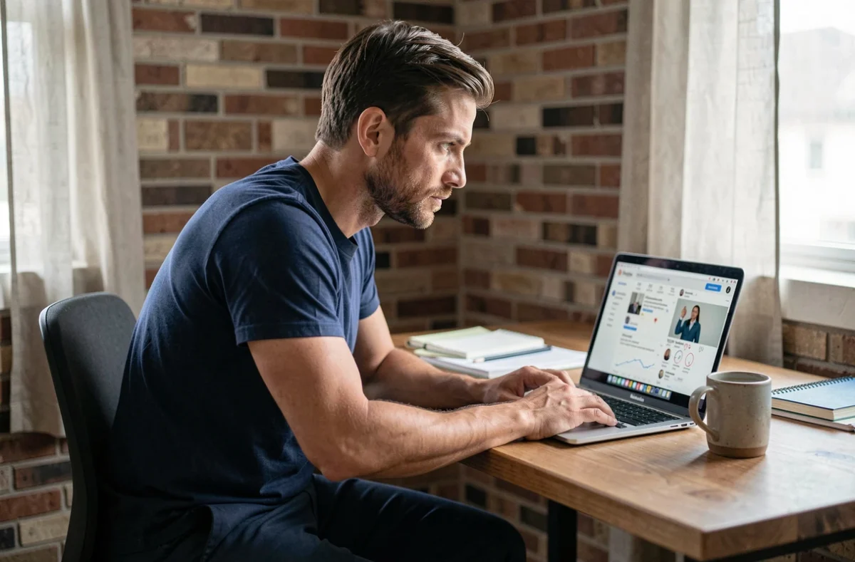 Homme analysant des stories Instagram sur son ordinateur portable dans un bureau à domicile, illustrant les bonnes pratiques pour rester anonyme sur les réseaux sociaux