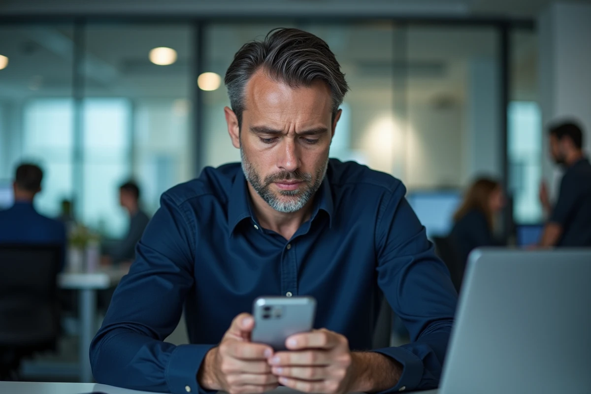 Homme en bureau consultant le journal d'appels de son téléphone avec un numéro au préfixe +44 affiché