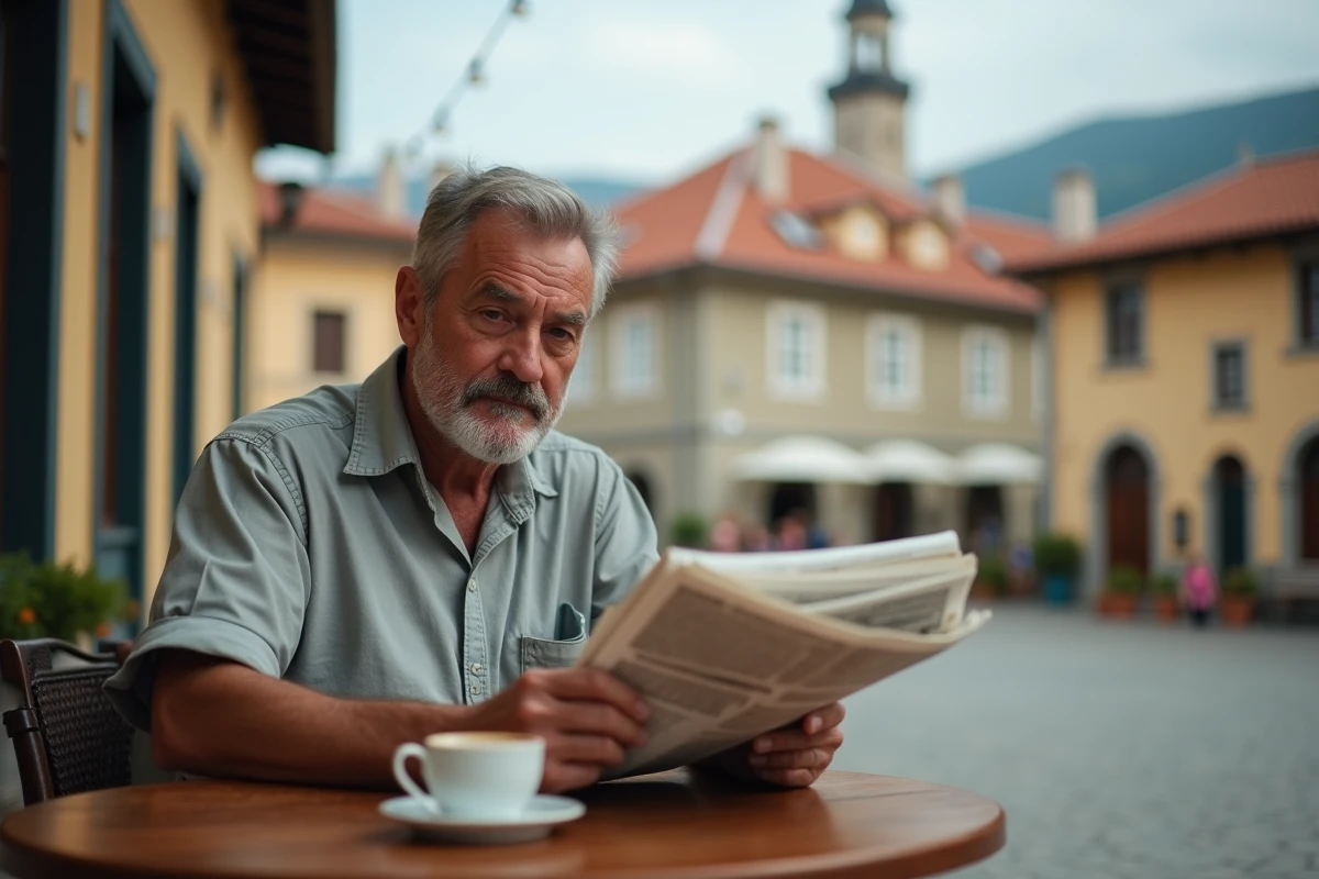 Homme serbe lisant un journal en terrasse de café dans une place de ville serbe typique