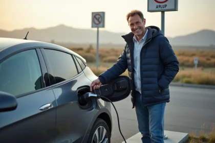 Homme souriant chargeant sa voiture électrique en plein air