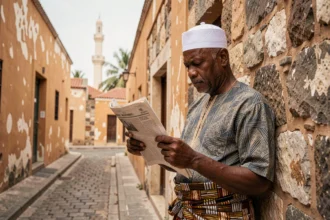 Homme comorien lisant un journal dans la médina de Moroni, actualités des Comores