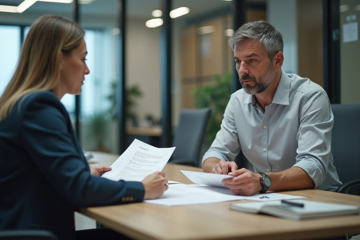Homme et conseiller bancaire examinant des documents de prêt