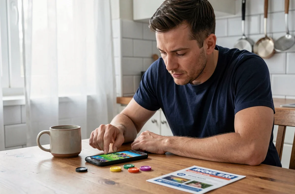 Homme utilisant son smartphone pour collecter des dés gratuits sur Monopoly GO à table