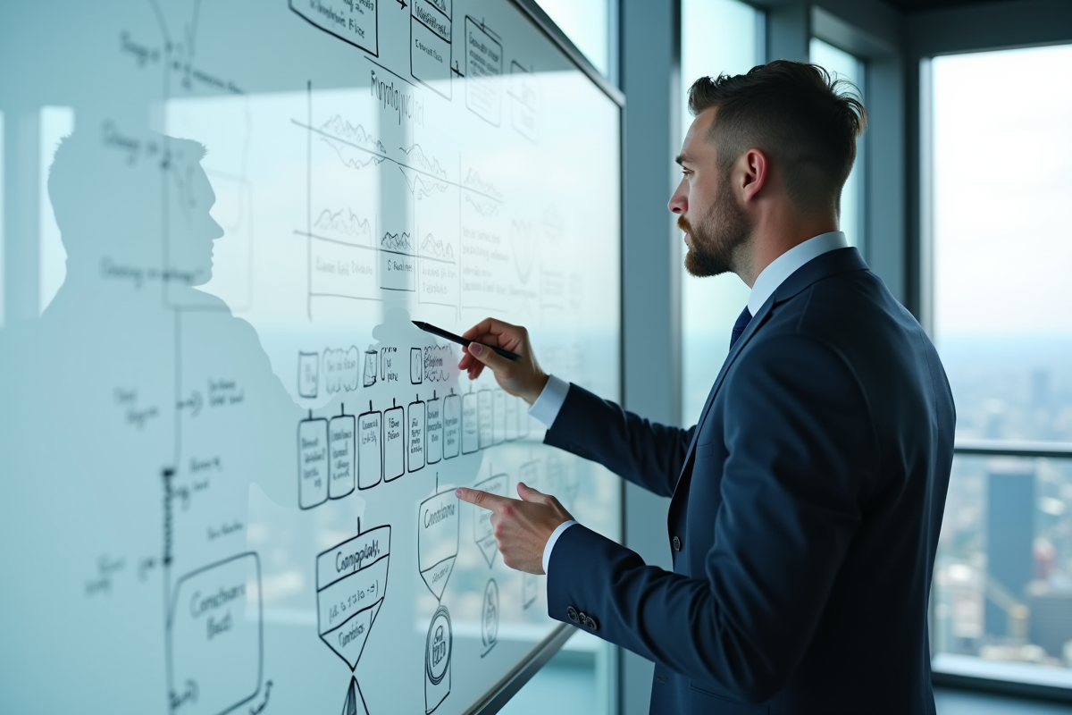 Homme en costume explique diagrammes blockchain en réunion