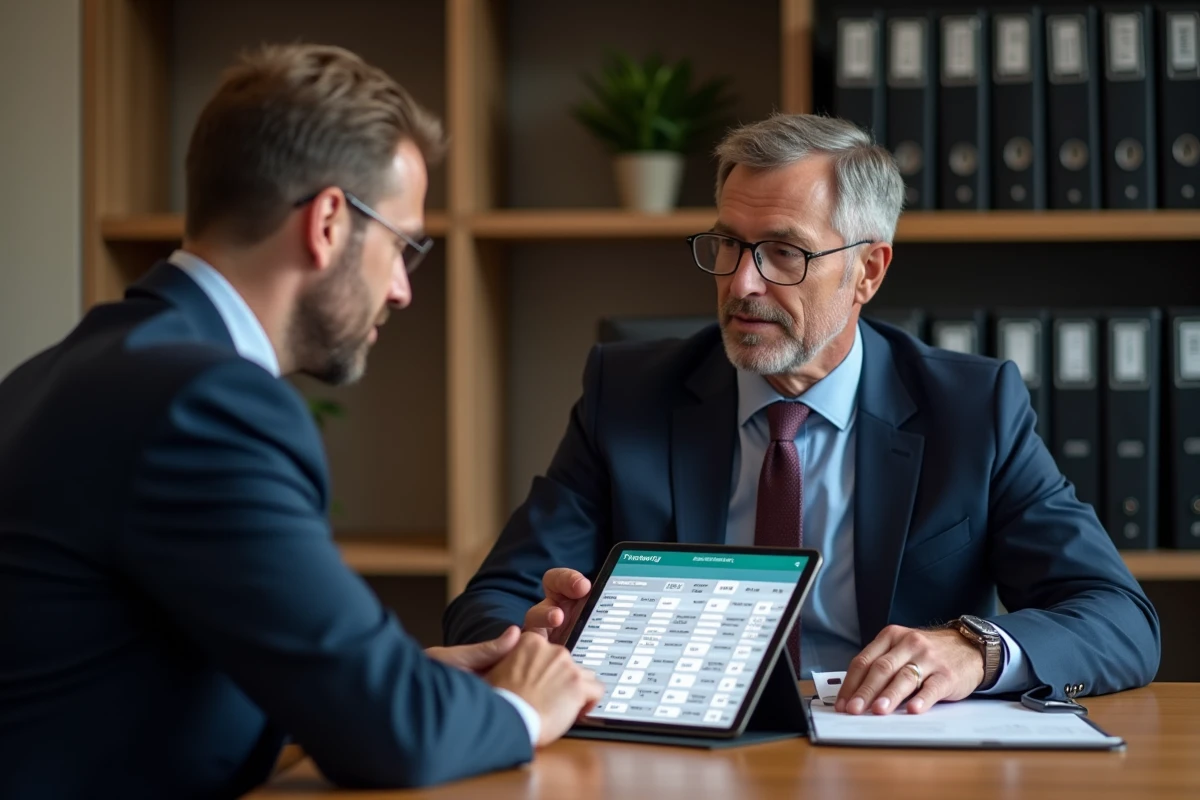 Homme en costume discute avec un collègue sur une tablette