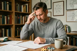 Homme concentré résolvant une énigme de logique difficile à son bureau avec des notes manuscrites et des puzzles géométriques