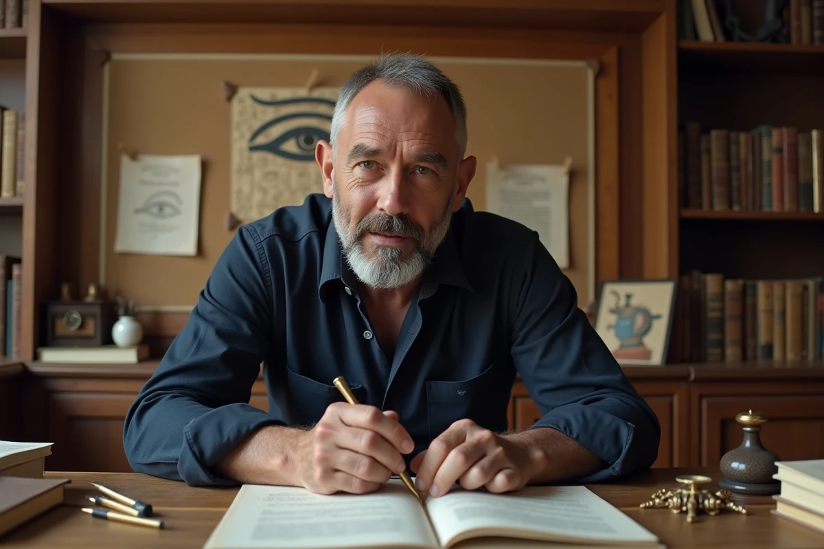 Homme étudiant la signification de l'œil égyptien dans un bureau entouré de livres d'égyptologie et de notes manuscrites