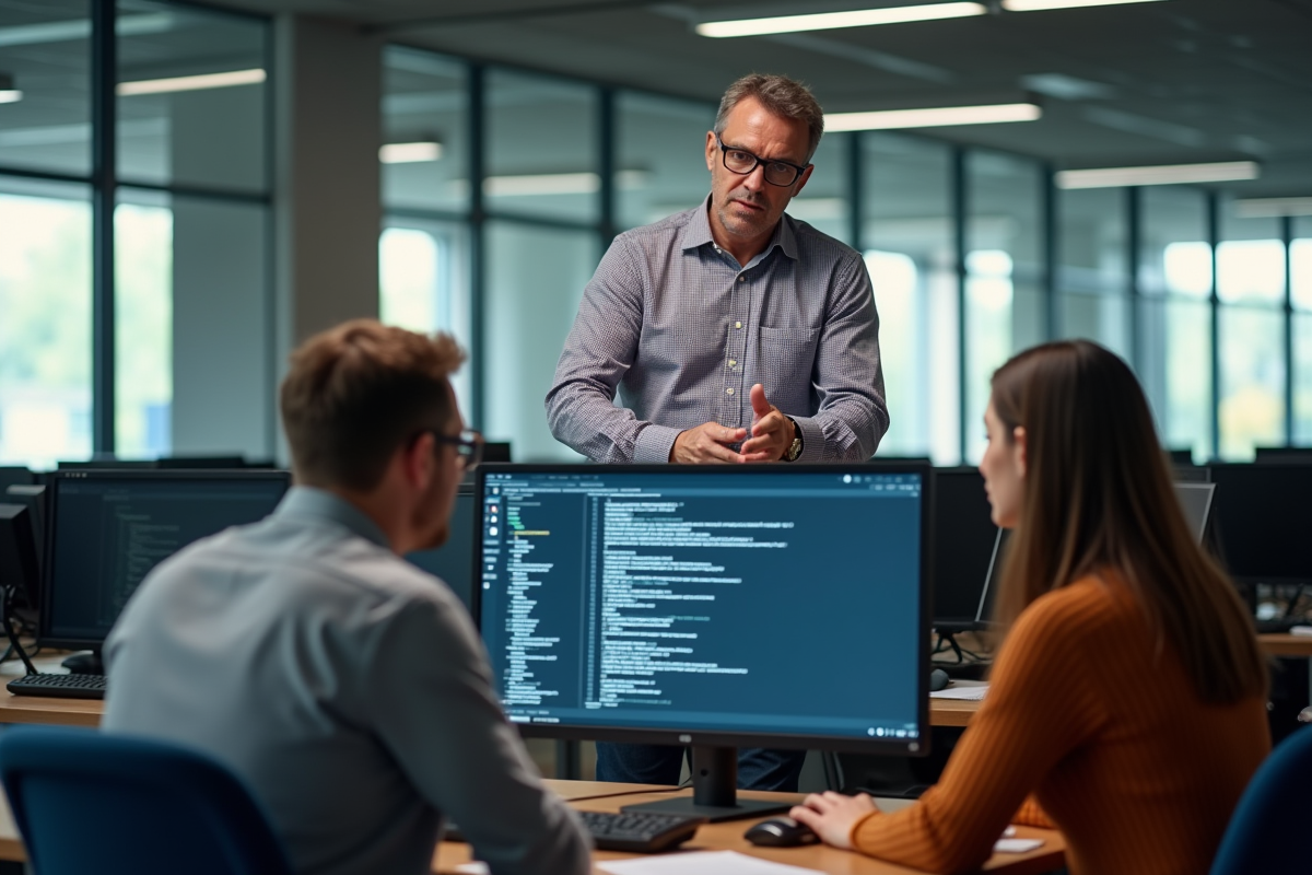 Homme expliquant une interface à ses collègues dans un bureau moderne