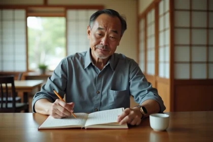 Homme japonais moyenâgeux résolvant un puzzle dans une maison traditionnelle