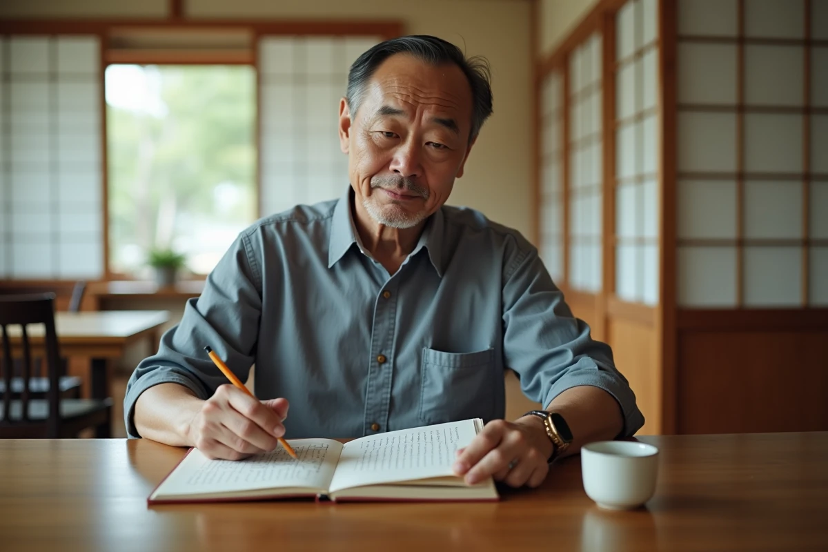 Homme japonais moyenâgeux résolvant un puzzle dans une maison traditionnelle