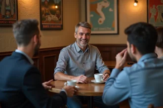 Homme d'âge moyen racontant une blague dans un bistro français