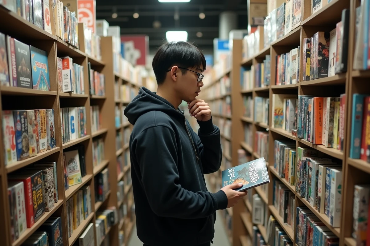 Homme cherchant un manga introuvable dans le rayon d'une librairie spécialisée en mangas