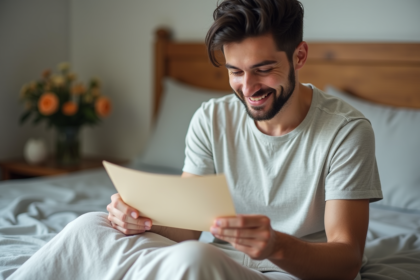 Homme lisant une note de remerciement dans la chambre