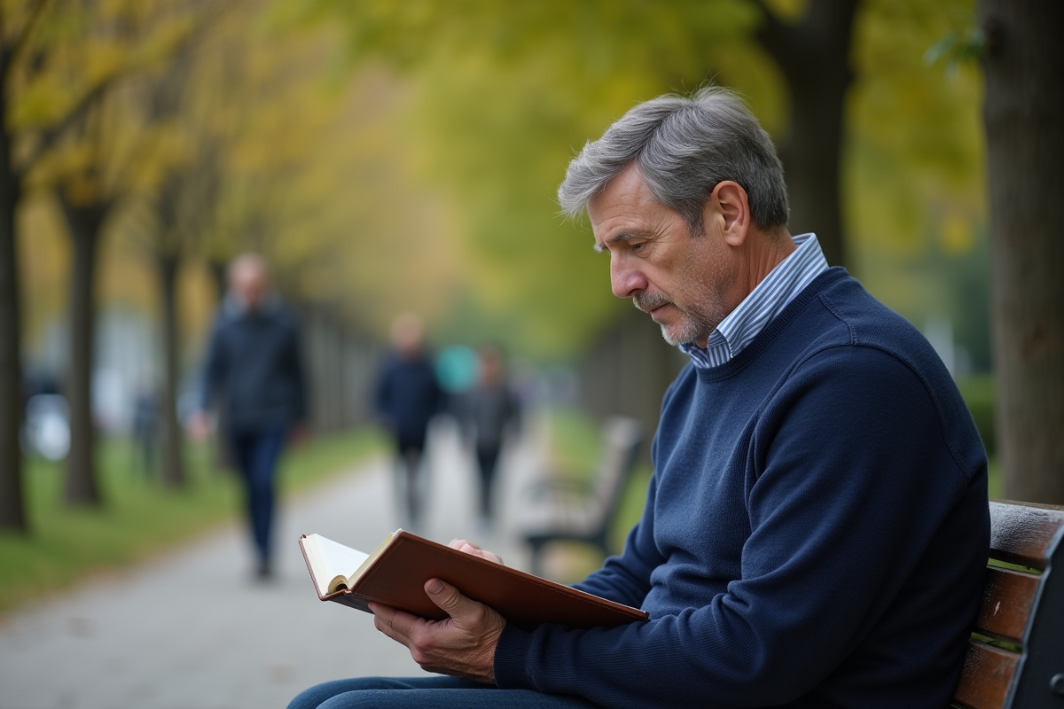 Homme lisant un carnet dans un parc urbain
