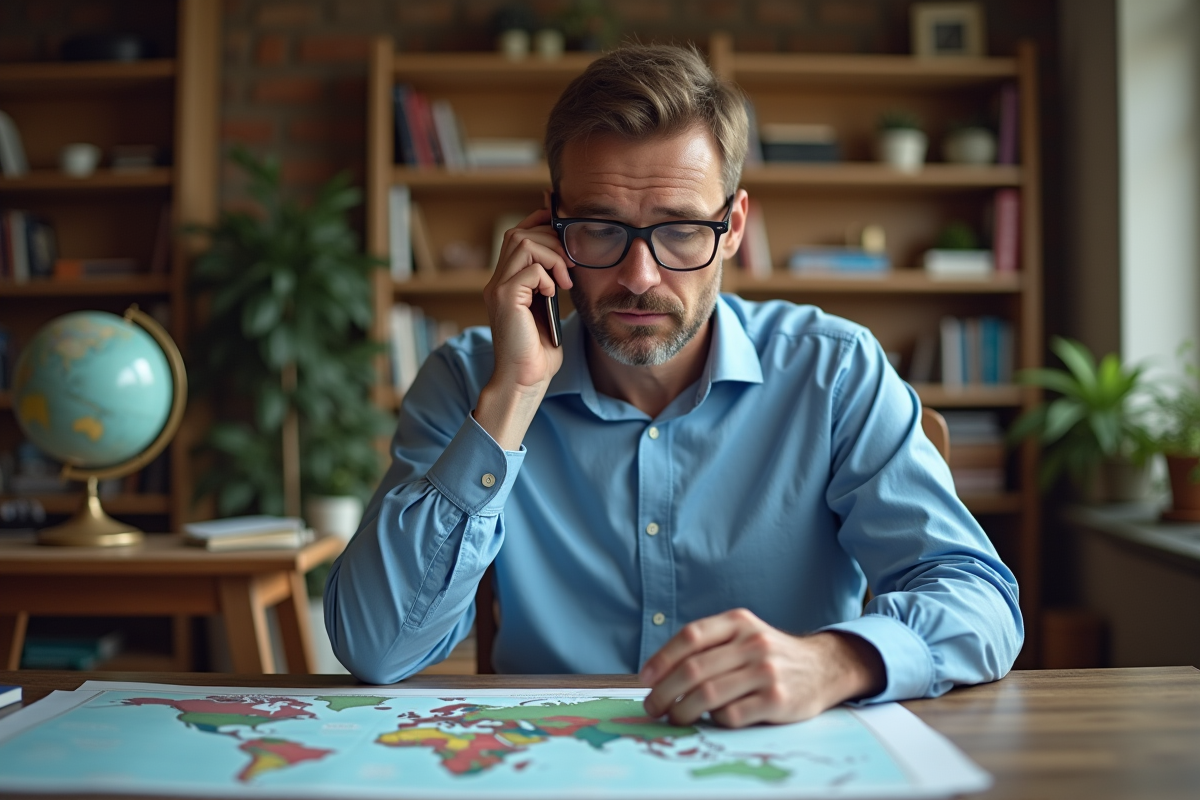 Homme d'âge moyen avec carte et smartphone dans un bureau