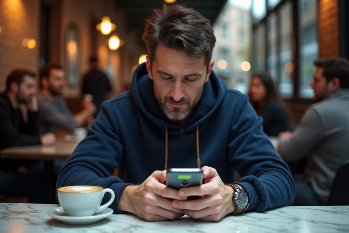 Homme jouant à Pedantix sur son smartphone dans un café, concentré sur la stratégie pour trouver le mot mystère