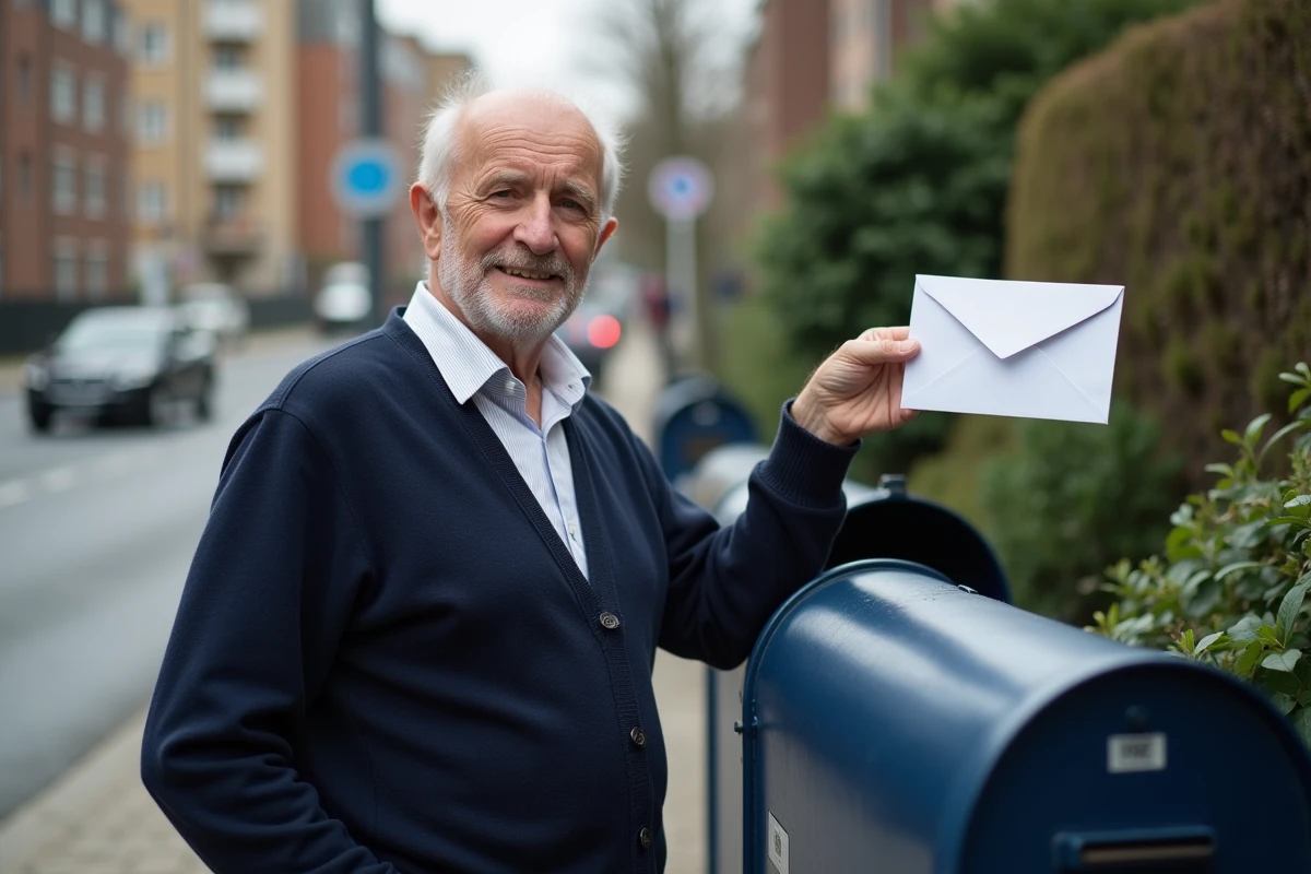 Homme âgé déposant une enveloppe dans une boîte aux lettres en ville