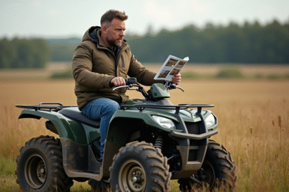 Homme en plein air avec quad et brochure