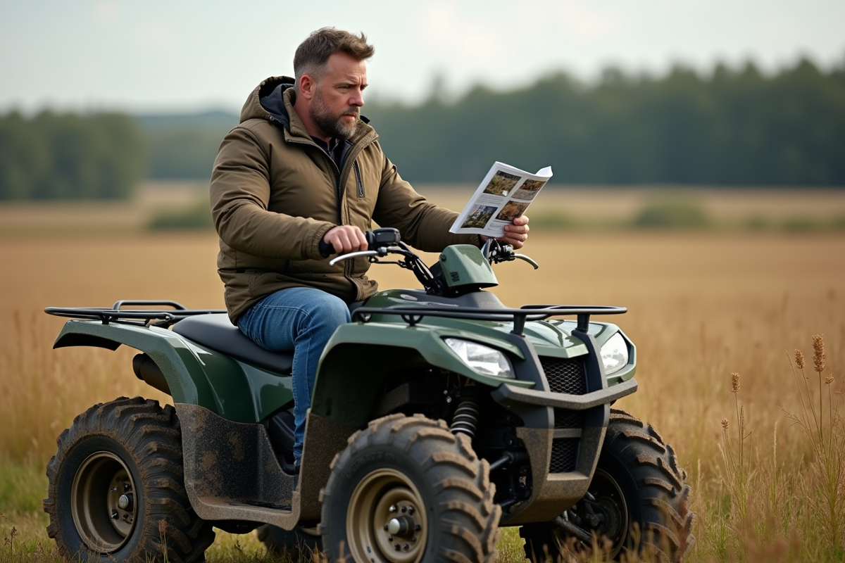 Homme en plein air avec quad et brochure