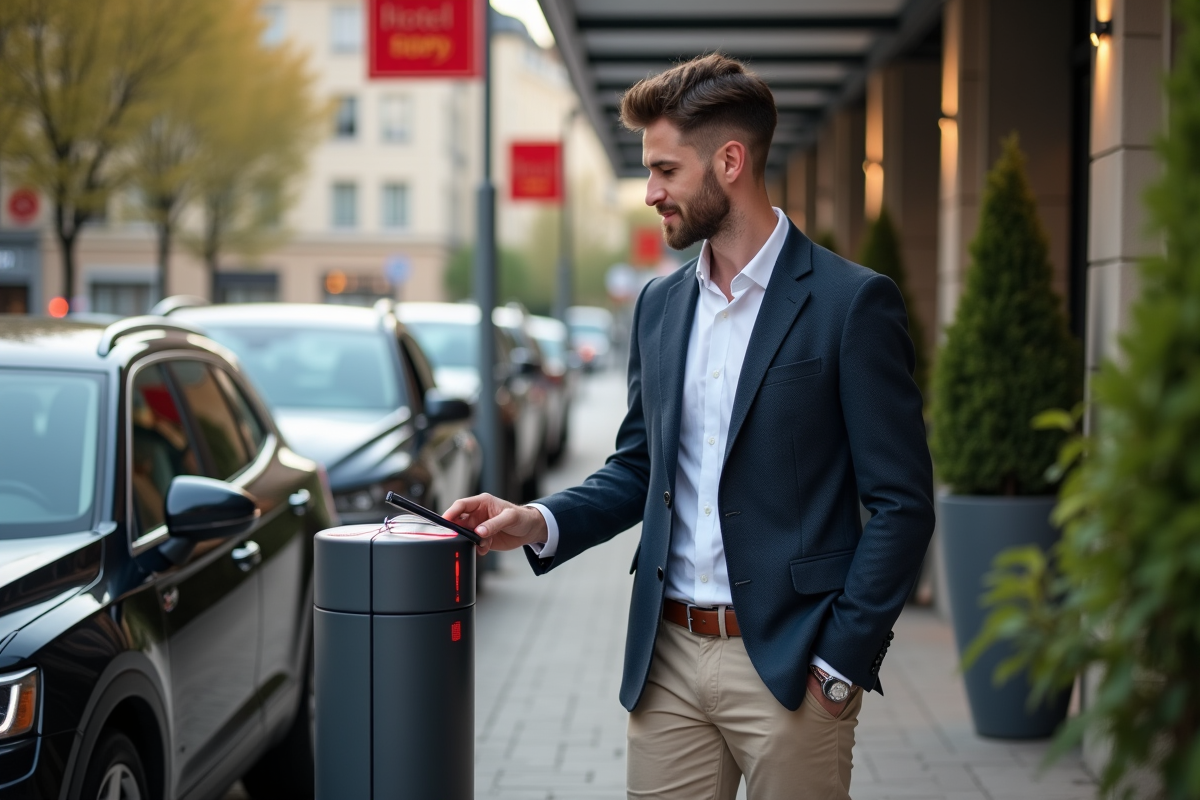 Jeune homme scannant un ticket de parking devant un hôtel à Nantes