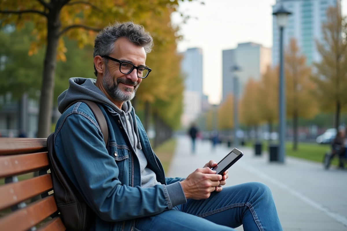 Homme détendu utilisant une tablette dans un parc urbain