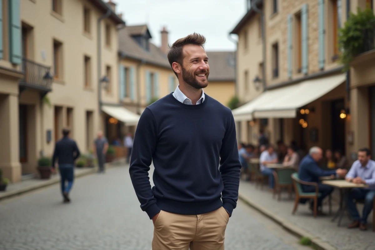 Homme souriant dans une place de village français