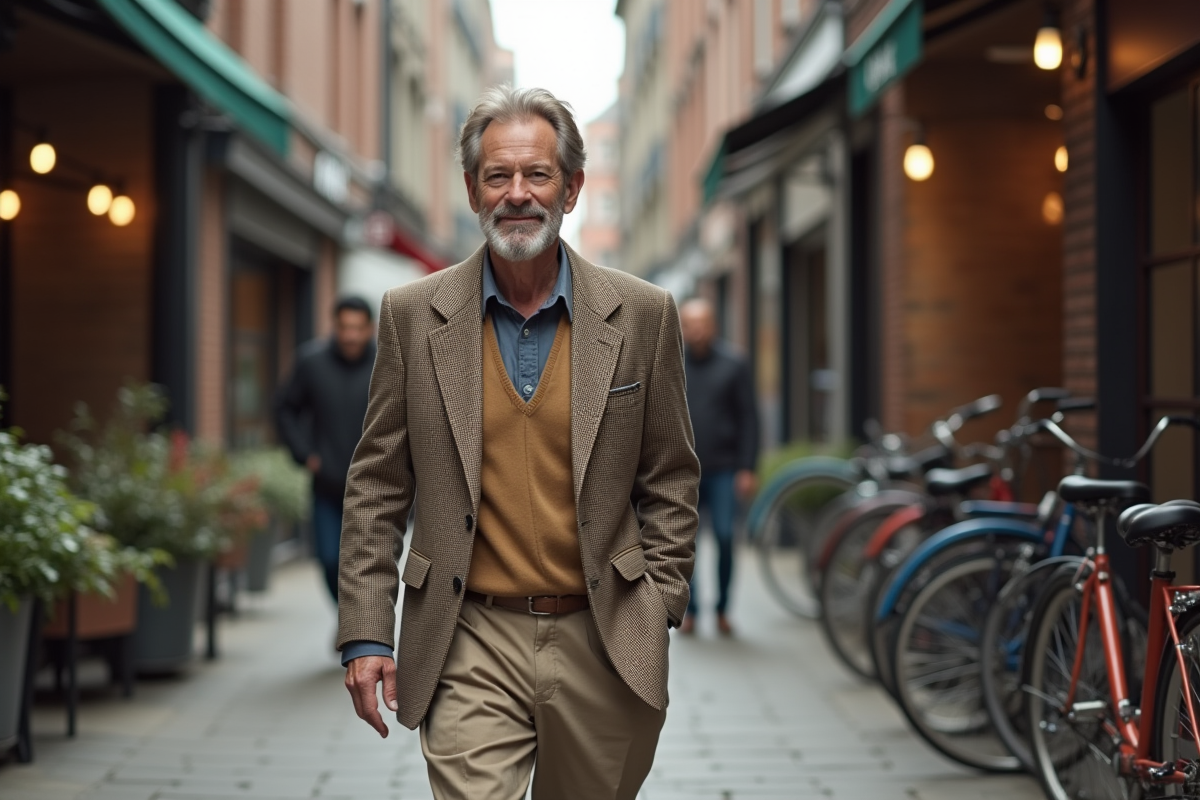 Homme en vintage dans une rue urbaine animée