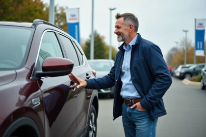 Homme d'âge moyen examinant une SUV d'occasion en concession